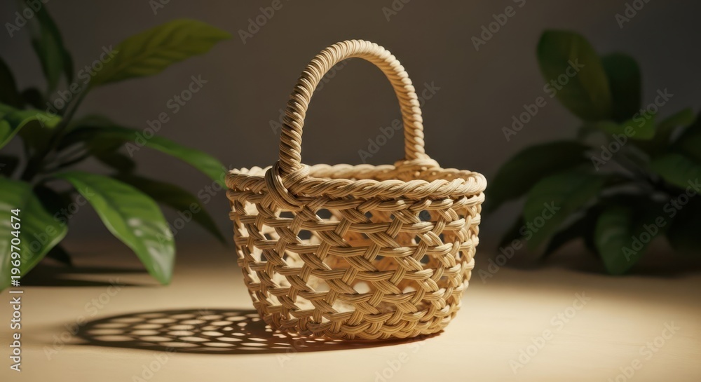 Fototapeta premium Small Wicker Basket with Handle and Decorative Openwork Pattern