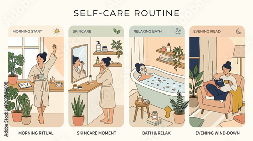 Woman self-care routine illustration with morning ritual, skincare, bath on white background