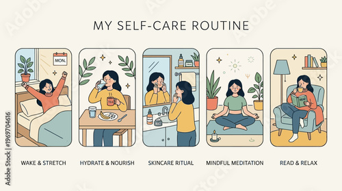 Woman practicing daily self-care routine steps on white background