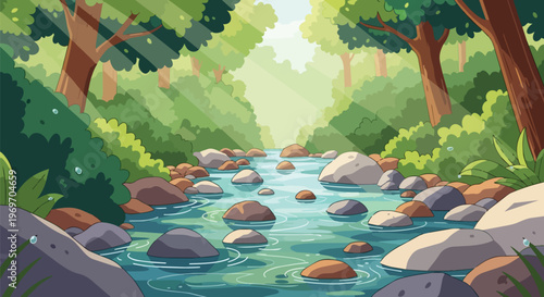 Cartoon Forest Stream with Rocks and Sunbeams