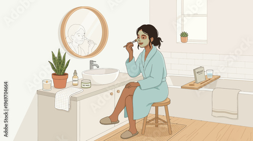 Woman applying face mask with a brush on white background