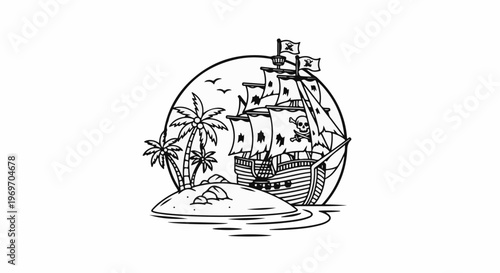 Cartoon pirate ship sails near a tropical island with palm trees
