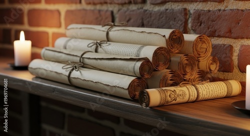 Stack of Vintage Rolled Parchment Scrolls Tied With Twine