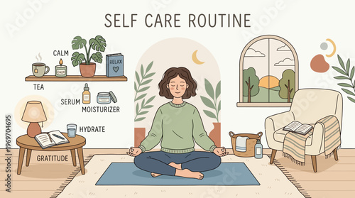 Woman meditating in living room with self care products on white background