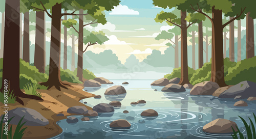 Serene Forest River Landscape with Rocky Shoreline and Lush Green Trees