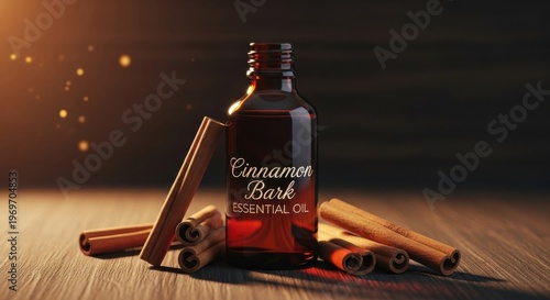 Dark Glass Bottle of Cinnamon Bark Essential Oil with Sticks