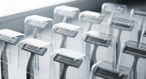 Collection of modern razors with clear protective covers