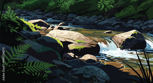 Serene Forest Stream with Mossy Rocks and Ferns Digital Illustration