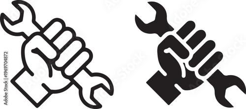Workers hand firmly gripping a wrench in both outline and solid styles