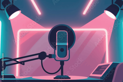 Podcast studio with microphone, pop filter, neon lights, and mixing console, stylized vector illustration.
