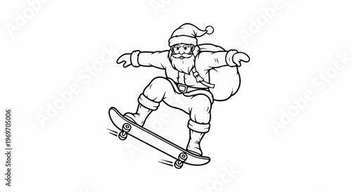 Cartoon Santa Claus on a skateboard, carrying a sack