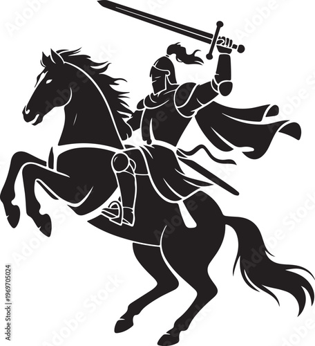 Medieval Knight on Rearing Warhorse Silhouette with Sword