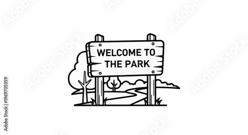 Cartoon signpost welcomes visitors to a scenic park with trees and a winding path