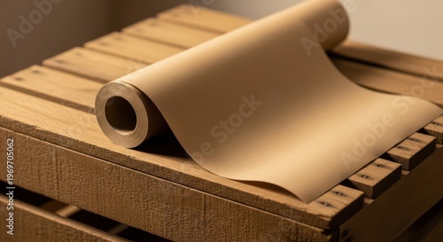 Roll of Plain Brown Kraft Paper on Wooden Surface