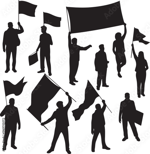 People with Flags and Banners Protest and Demonstration Silhouette Set
