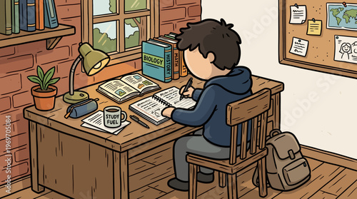 Student studying at desk with books and laptop on white background