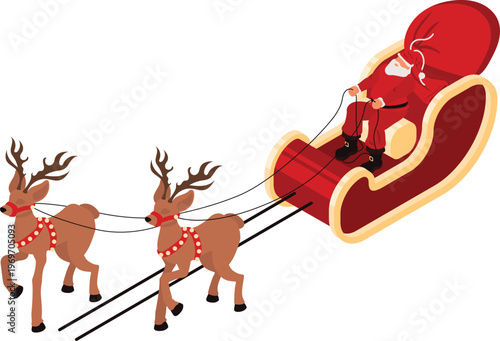 Santa in a modern sleigh with reindeer and headphones