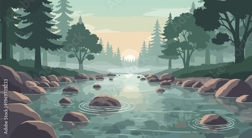 Serene Mountain River Landscape at Sunrise with Pine Forest and Stones