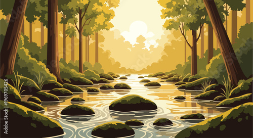 Serene Forest Stream at Sunrise with Mossy Rocks and Golden Light