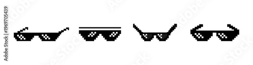 Pixelated shades icon set. 8-bit style, black gangster glasses for gaming and meme graphics
