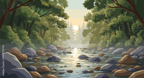 Serene Rocky River Flowing Through a Lush Forest at Sunrise
