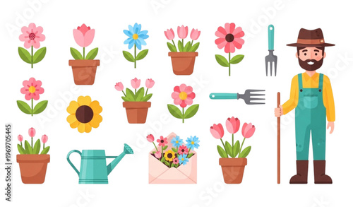 Spring flowers and gardening elements set with potted plants watering can and floral envelope vector illustration