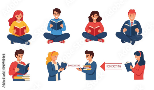 Colorful illustration of people reading and sharing books for education literature and hobby concept