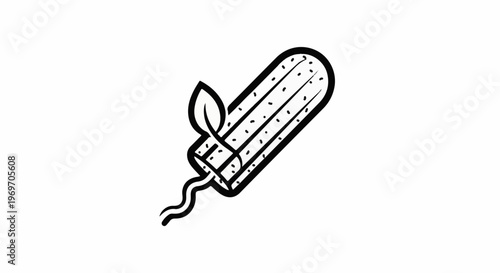 Black and white illustration of a tampon with a leaf and string