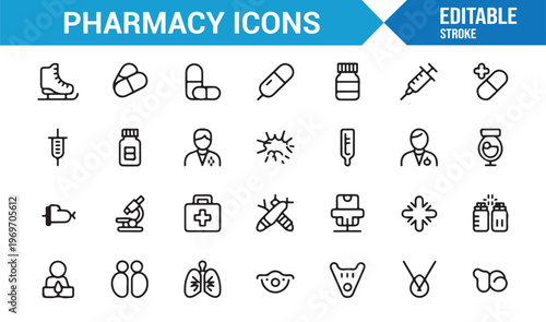 Medical tools and pharmacy icons pack for healthcare and treatment concepts
