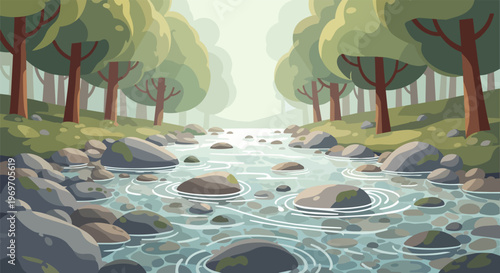 Flat Vector Illustration of a Peaceful Forest Stream with Stones and Trees