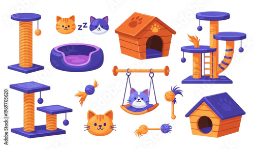 Colorful cat toy and accessory collection with scratching post bed house tree and swing flat illustration