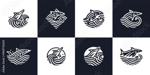 Ocean Wave Marine Life Icons Jumping Fish Geometric Symbols