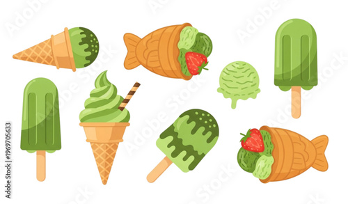 Colorful matcha ice cream illustration with taiyaki waffle cone and popsicle for cafe menu and food design