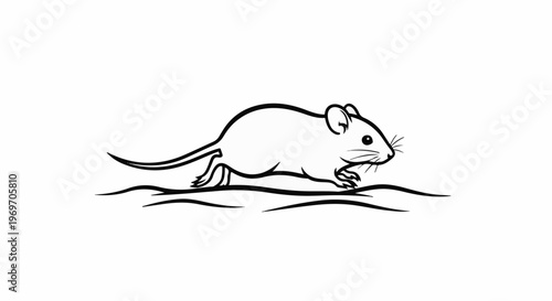 Black and white line art drawing of a small rodent running