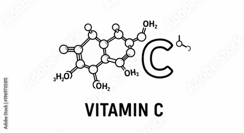 Black and white illustration of vitamin C molecule and chemical symbol