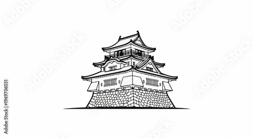 Black and white line drawing of a multi-tiered historical fortress with tiled roofs