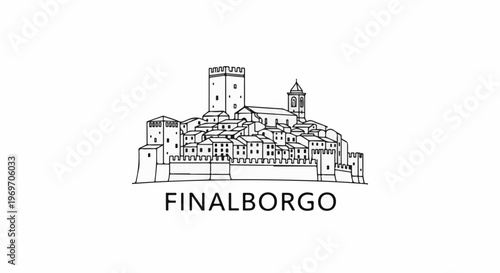 Black and white line drawing of a medieval fortified town with text below