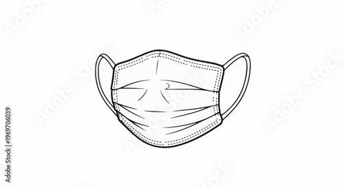 Black and white line drawing of a pleated face mask with ear loops
