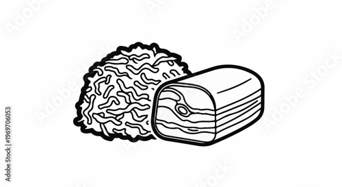 Black and white line drawing of a piece of wood and a brain-like object