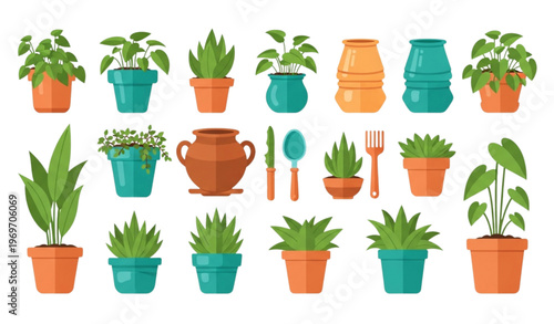 Vector set of house plants in pots with garden containers and replanting elements isolated on white background