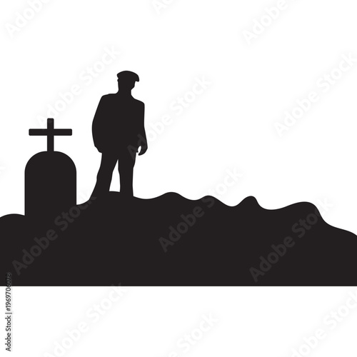 Man mourning at grave silhouette