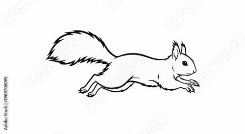 Black and white line drawing of a squirrel in mid-leap, with a bushy tail