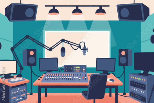 Professional recording studio with mixing console, monitors, and microphones, stylized vector illustration of audio production.