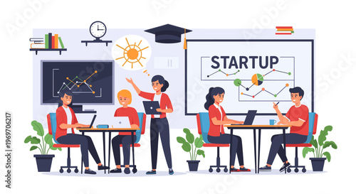 A minimalist illustration showing a potted plant and a partially visible office chair. This image evokes a calm and inviting atmosphere, perfect for a