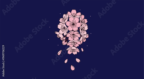 Delicate pink cherry blossoms cascade downwards against a deep blue background