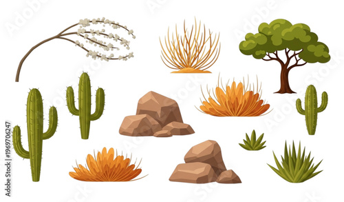 Colorful cartoon desert illustration set with tumbleweed cactus rocks and plants for nature design