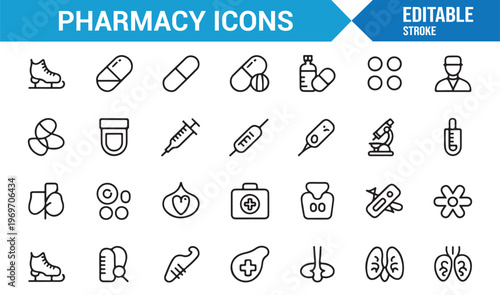 Medical and healthcare icons collection including pills syringe and equipment