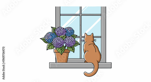 Cat gazes out a window next to a potted hydrangea plant
