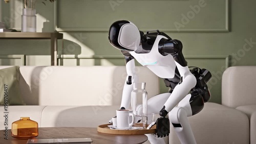Wallpaper Mural AI-powered humanoid robot cleans an apartment, picking up dirty dishes in a modern living room. Advanced household and housekeeping automation. Future smart home technology. 3d animation rendering Torontodigital.ca