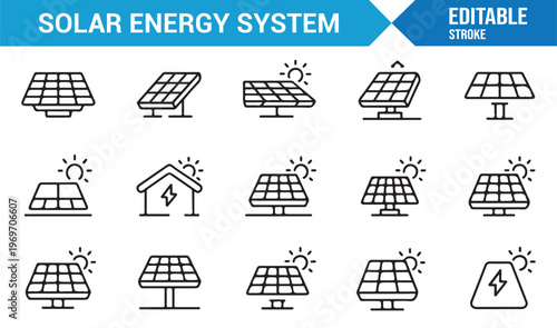 Solar panel system icon set for eco friendly electricity generation